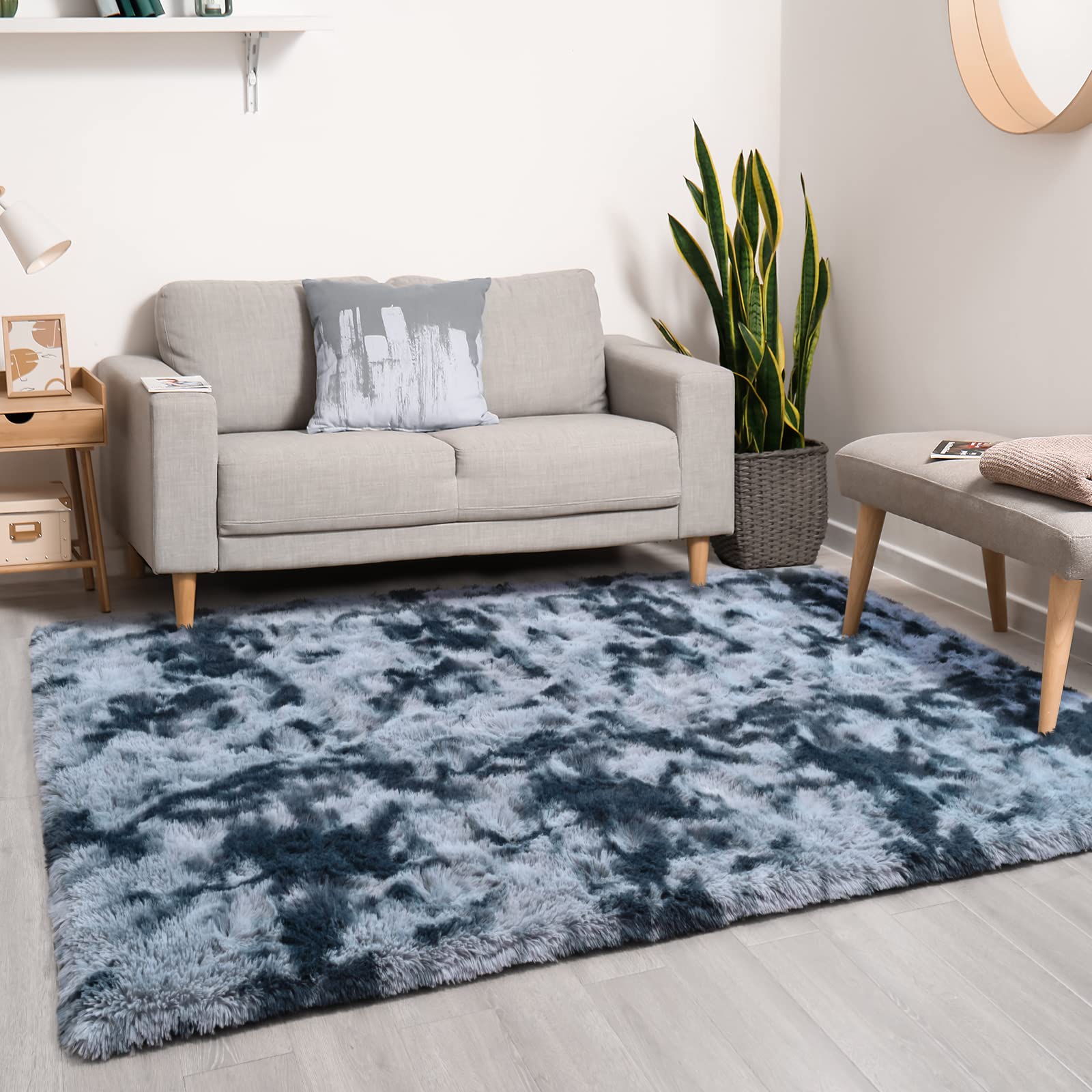 QXKAKA Soft Fluffy 4x6 Rug for Bedroom Living Room, Large Throw Rugs Fuzzy Shag Area Rug for Boys Kids Room, Non-Slip Tie Dye Carpet, Plush Modern Home Decor, Blue Grey