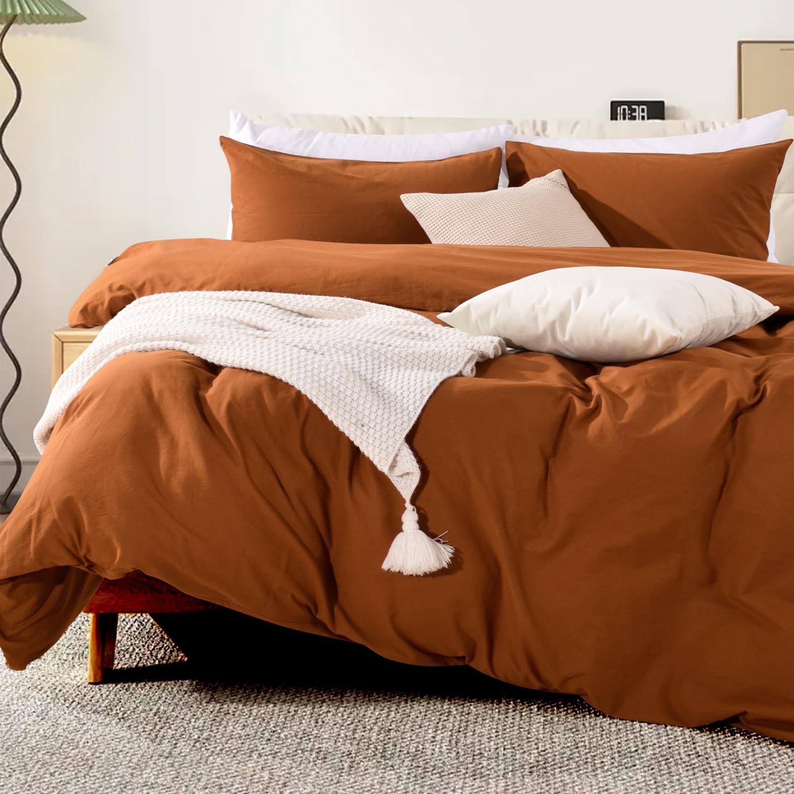 NEXHOME PRO Terracotta Burnt Orange Duvet Cover Set Queen Size Linen Textured Organic Natural 100% Washed Cotton Duvet Cover Caramel 3 Pieces Bedding Set with Zipper Closure Soft (No Comforter)