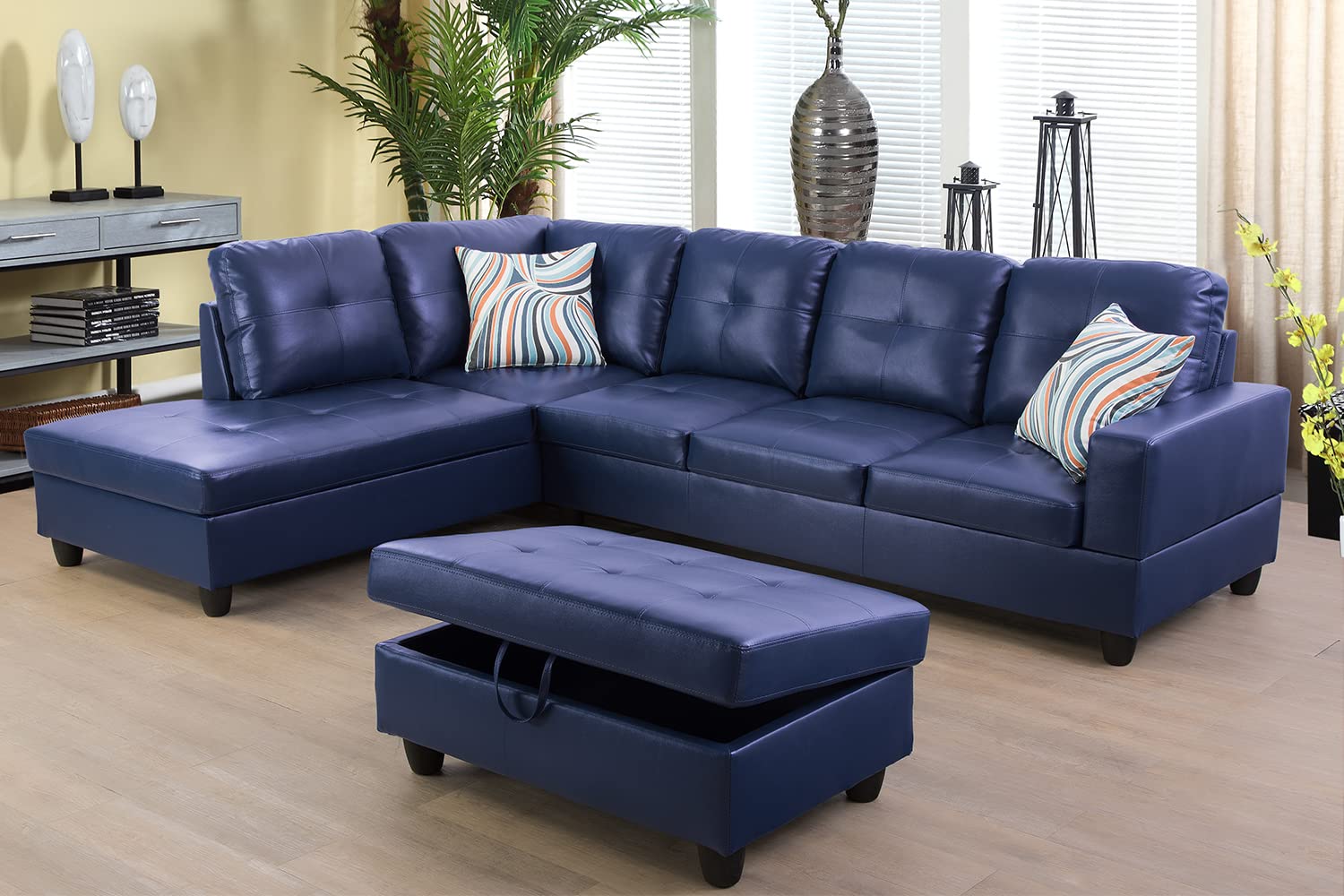 SIENWIEY Blue Leather Sectional Couch for Living Room Set,Sectional Sofa L Shape Couch with Storage Ottoman/Blue Faux Leather/Facing Left Chaise