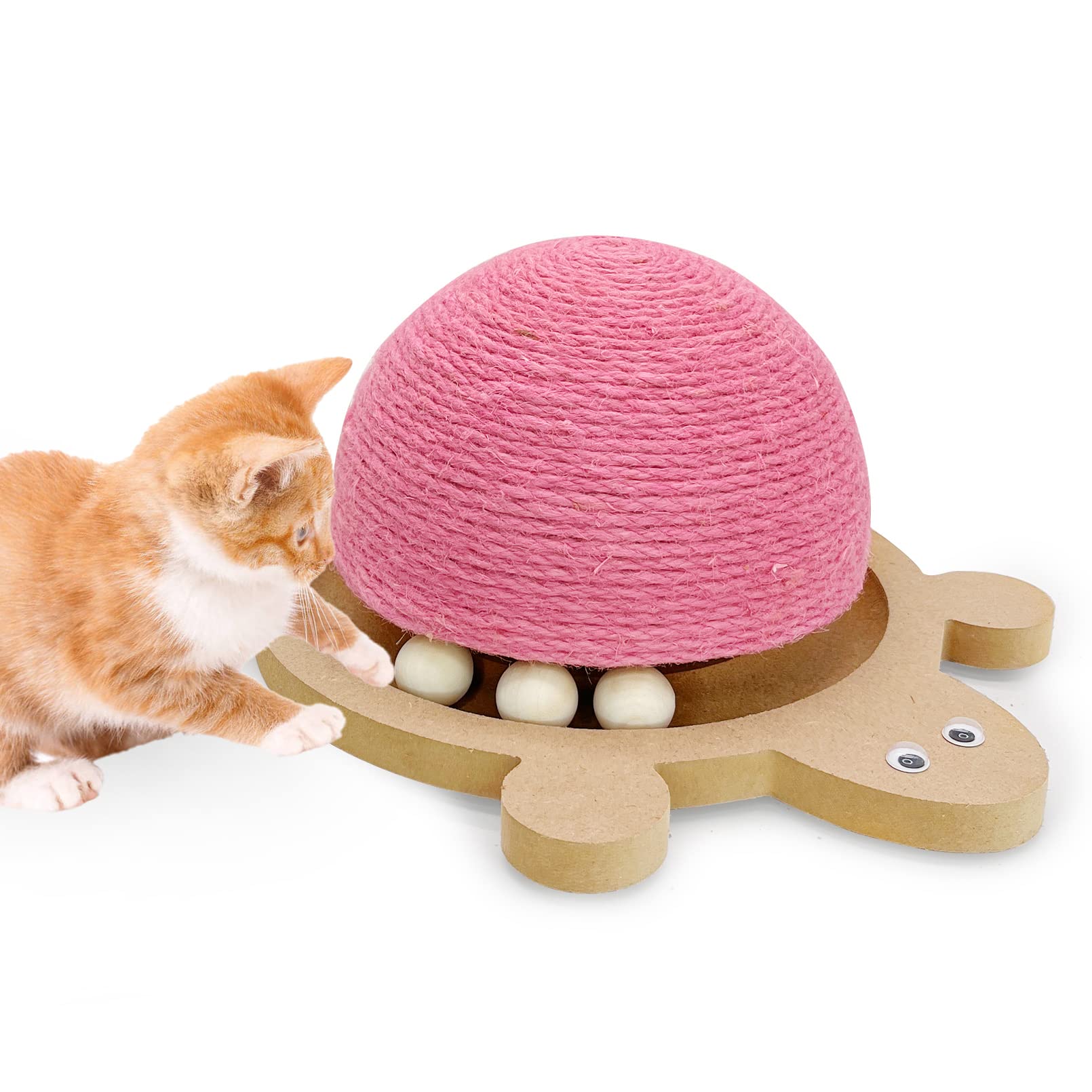 Fhiny Cats Scratching Ball, Natural Sisal Scratching Toy with Roller Track Toys and Wooden Base Kitten Turtle Shape Scratch Post for Indoor Cats Interactive Training Exercise Scratcher for Small Pets