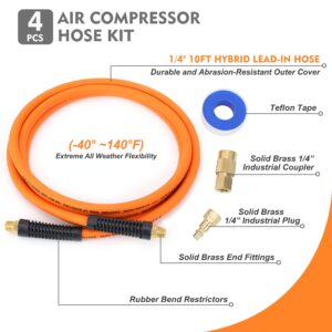 FYPower Air Compressor Whip Hose 1/4 Inch x 10 Feet Lead in Hybrid Hose with Fittings, Flexible and Kink Resistant, 1/4" Industrial Quick Coupler and Plug Kit