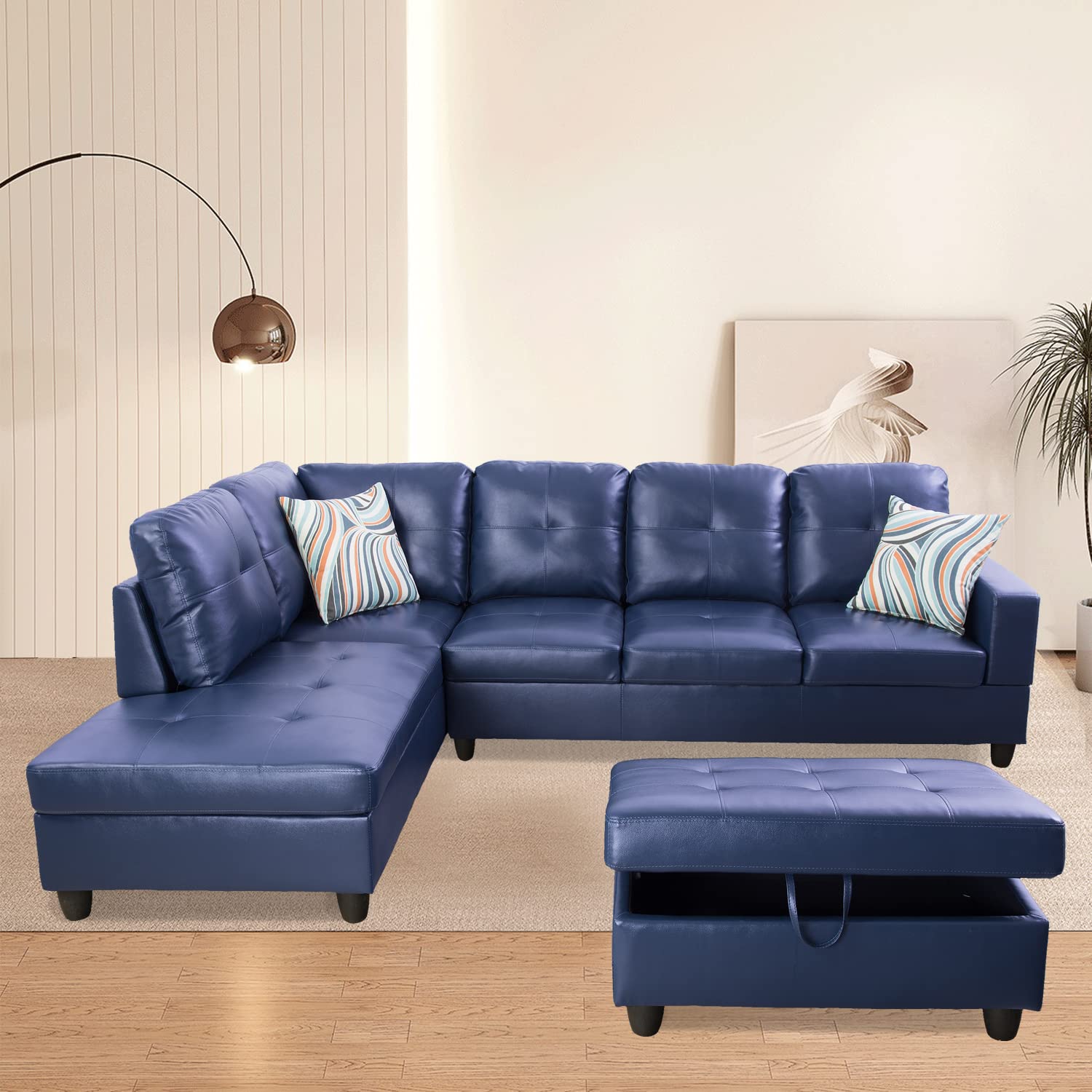 SIENWIEY Blue Leather Sectional Couch for Living Room Set,Sectional Sofa L Shape Couch with Storage Ottoman/Blue Faux Leather/Facing Left Chaise