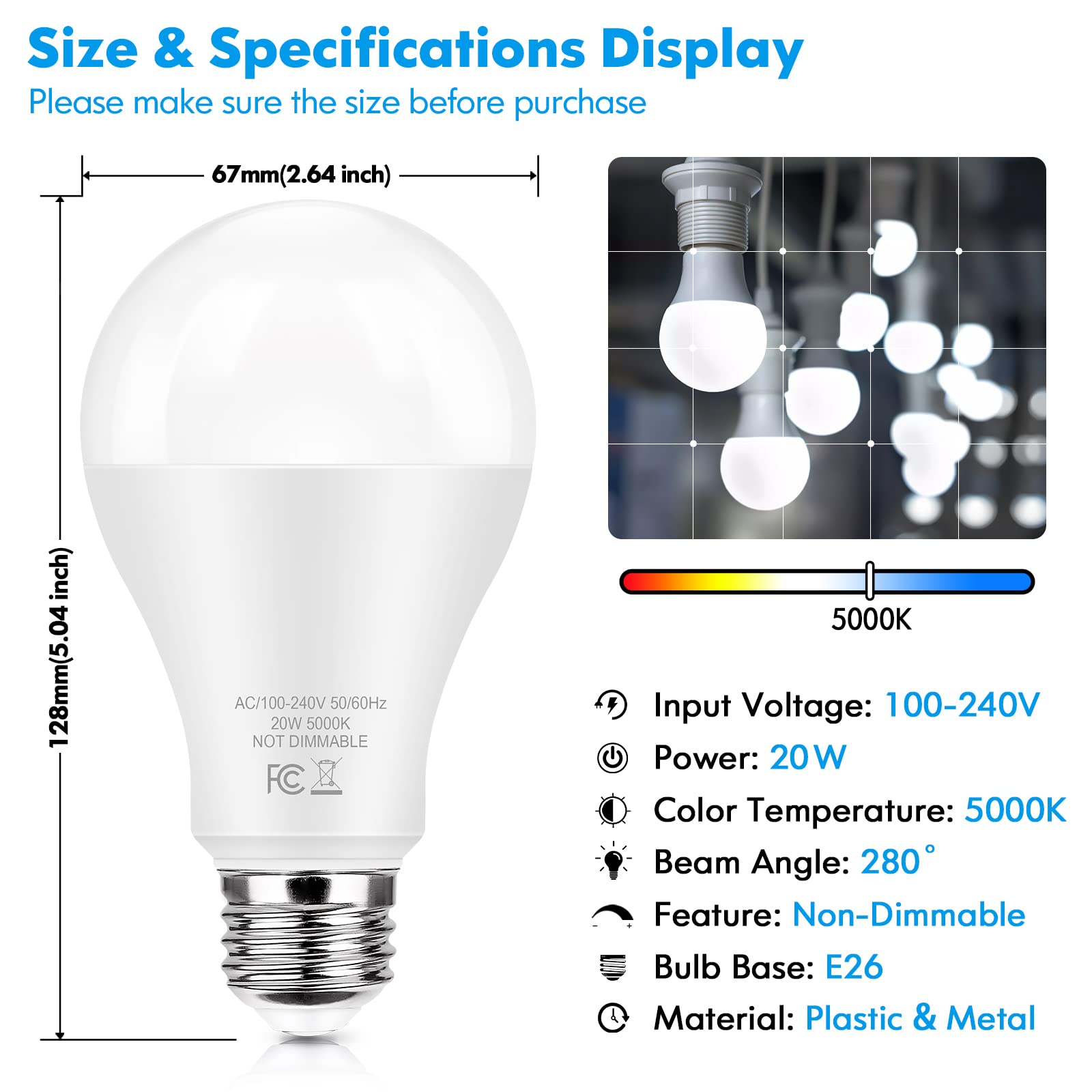 TOBUSA LED Light Bulbs 150 Watt Equivalent, 20W Super Bright Light Bulbs, Daylight White 5000K, A21 LED Bulbs E26 Base, Non-Dimmable, No Flicker Brightest Bulb for Bedroom Living Room Home, 2-Pack