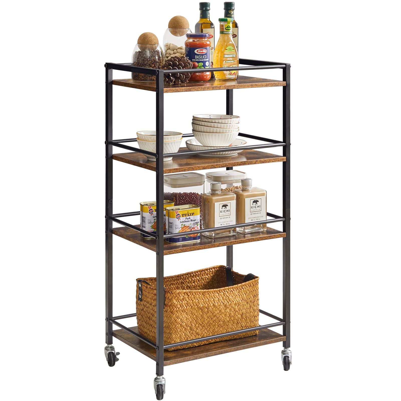 IBUYKE Industrial Bar Carts, Kitchen Storage Serving Cart, Mobile Kitchen Shelf，4 Tier Storage Cart for Bath, Kitchen, Bedroom, Living Room Rustic Brown and Black TMJ419H