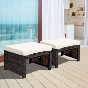 RELAX4LIFE 2-Piece Wicker Outdoor Ottoman, Rattan Footrest Set of 2 with Removable Cushions, 3-in-1 Foot Stool, Side Table & Additional Seating, Outdoor Footstools for Patio Backyard (White)