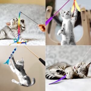 Atosun Cat Toys, 2PCS Retractable Cat Feather Toys, 10PCS Replacement Teaser Refill, 1PC Rainbow Ribbon Wand Interactive Kitten Toys for Indoor Cat Make Exercise