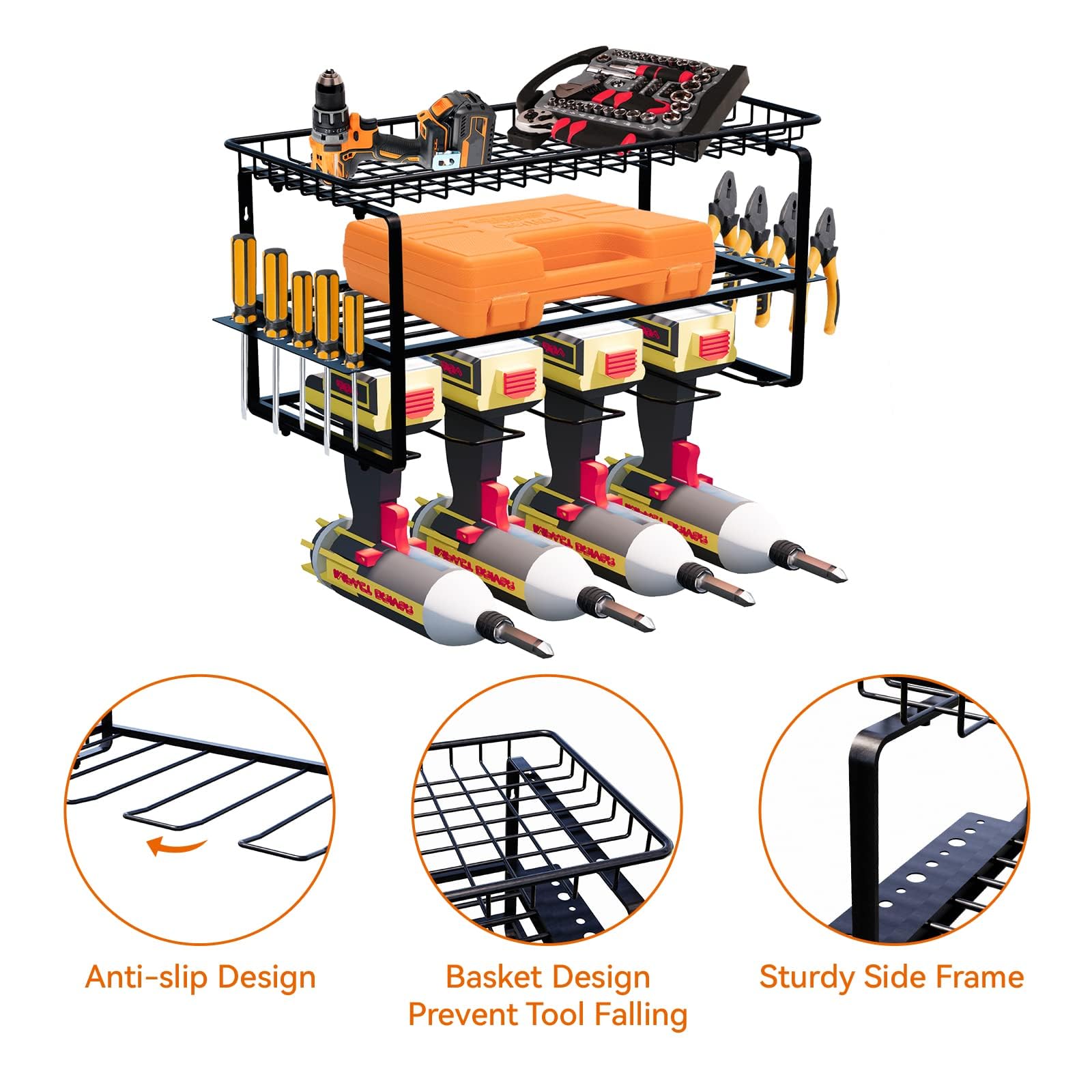 Grandhom Power Tool Organizer,Cordless Drill Rack Wall Mount,Drill Holder with 4 Drill Hanging Hooks,3 layers Metal Drill Storage Rack with Screwdriver Holder and Pliers Rack,Black