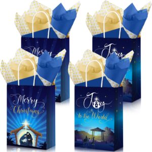 34 pcs christmas nativity gift bags joy to the world goodie present bags with handles merry christmas kraft paper treat bags with tissue paper for holy nativity religious holiday festival party