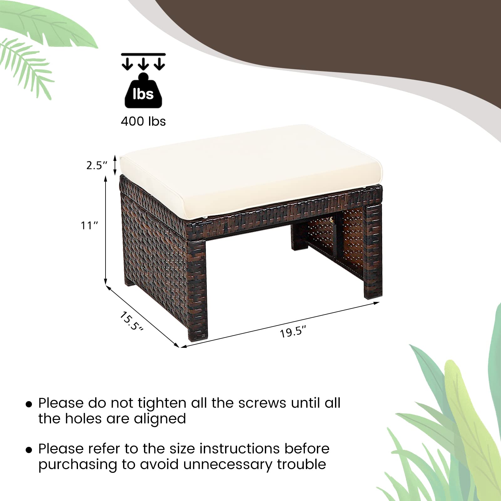 RELAX4LIFE 2-Piece Wicker Outdoor Ottoman, Rattan Footrest Set of 2 with Removable Cushions, 3-in-1 Foot Stool, Side Table & Additional Seating, Outdoor Footstools for Patio Backyard (White)