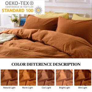 NEXHOME PRO Terracotta Burnt Orange Duvet Cover Set Queen Size Linen Textured Organic Natural 100% Washed Cotton Duvet Cover Caramel 3 Pieces Bedding Set with Zipper Closure Soft (No Comforter)