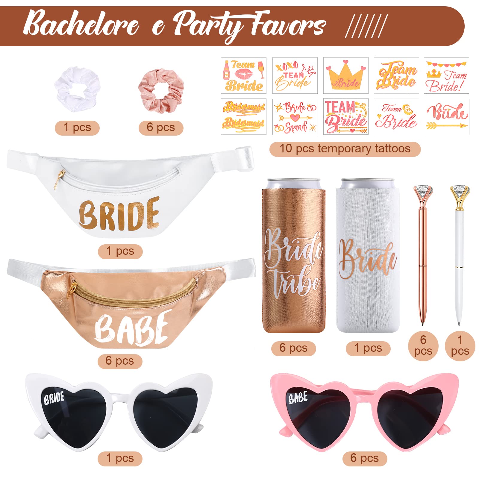 Maitys 45 Pcs Bachelorette Bride Party Favors 7 Sets Bridal Shower Gifts for Bridesmaid Wedding Bride Fanny Pack Sunglasses Scrunchies Pens Cup Sleeve Tattoo Bride Shower Decoration