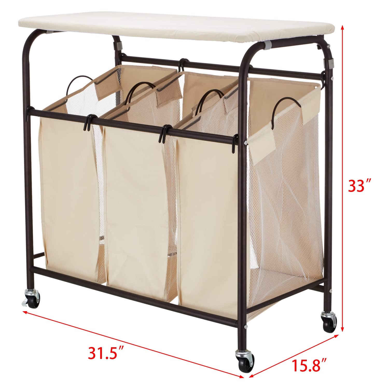 Laundry Hamper 3-Bag Sorter Cart with Ironing Board