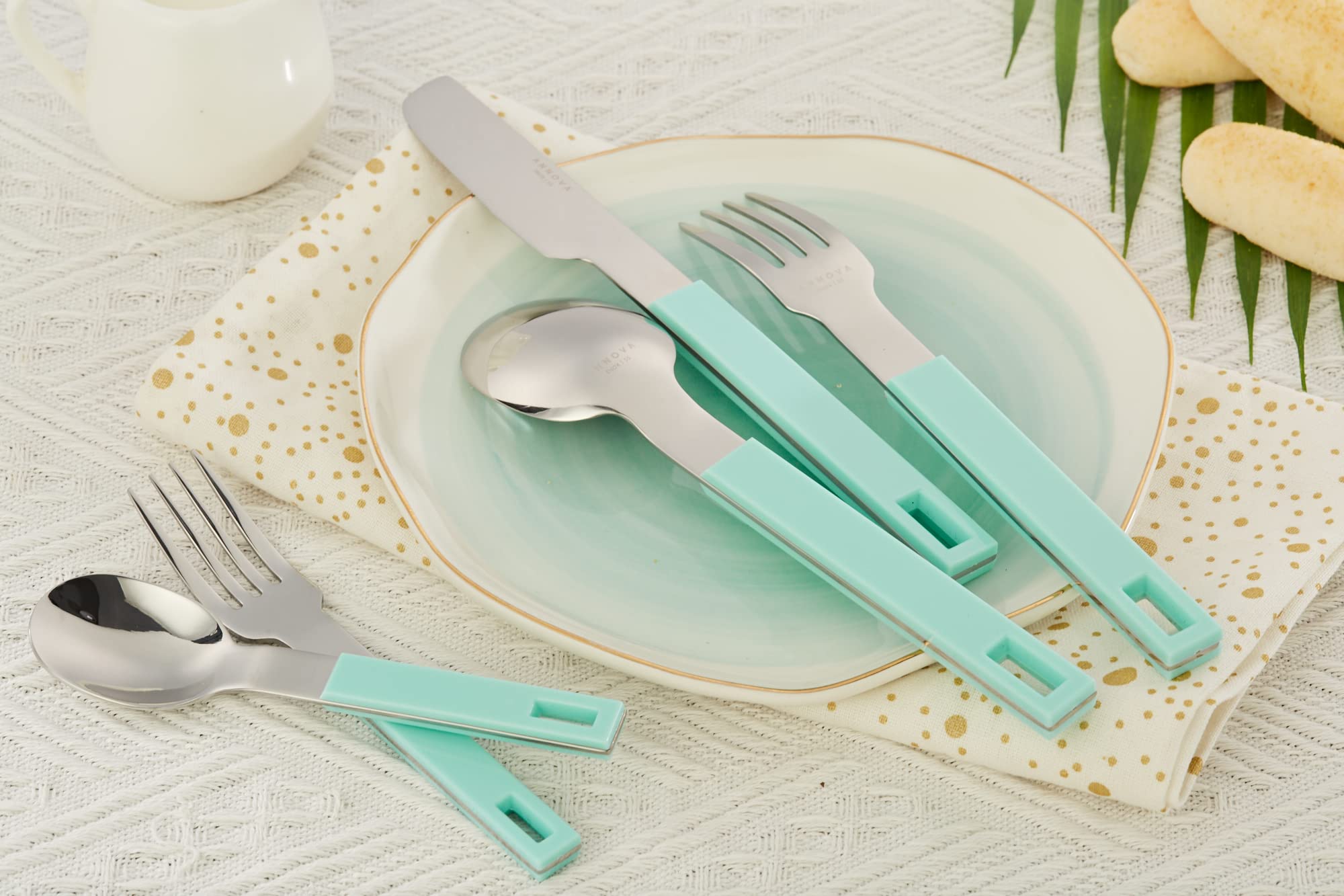 ANNOVA Silverware Set 20 Pieces Stainless Steel Cutlery Color Block Handle Modern Style Flatware - 4 x Dinner Knife; 4 x Dinner Fork; 4 x Salad fork; 4 x Dinner Spoon; 4 x Dessert Spoon (Turquoise)