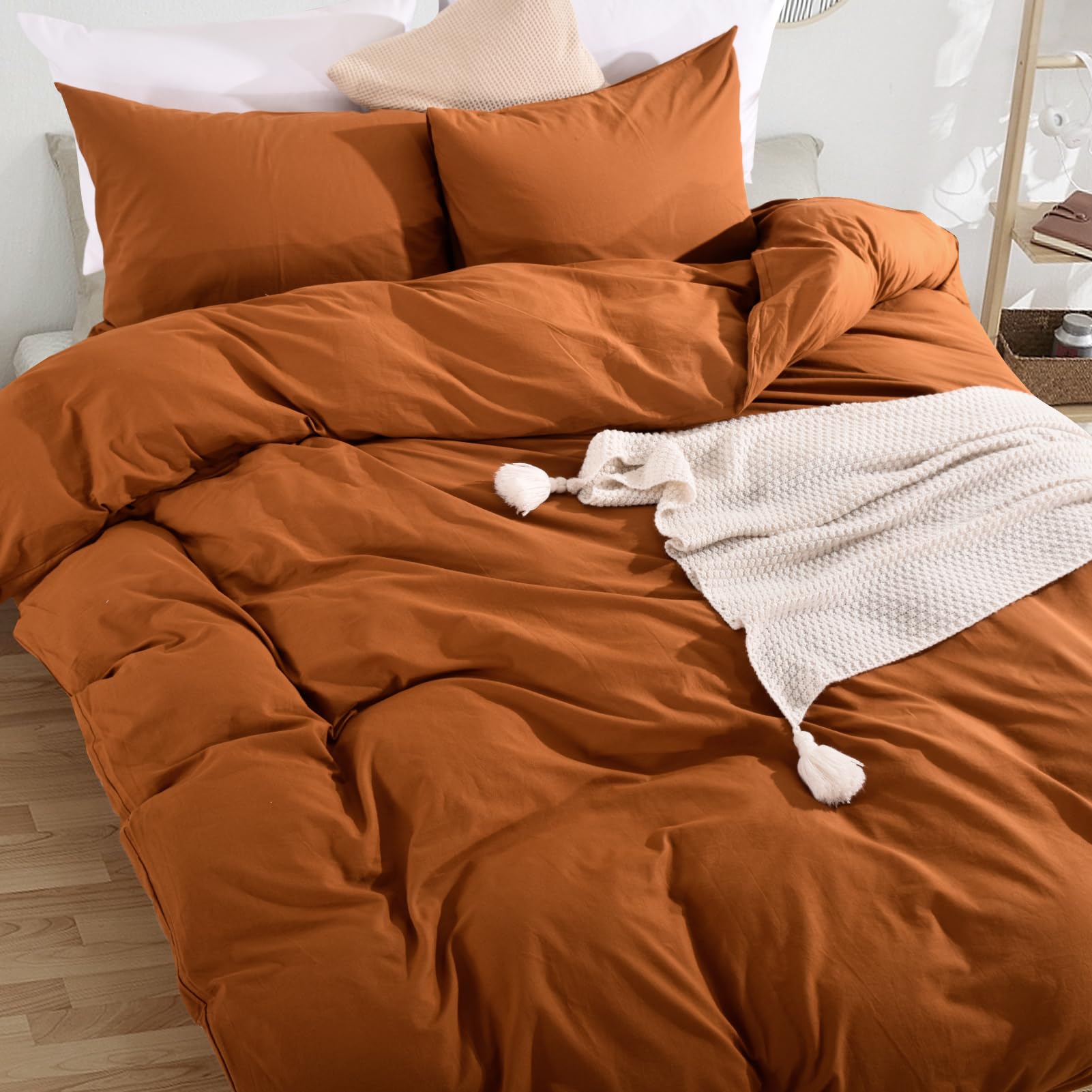 NEXHOME PRO Terracotta Burnt Orange Duvet Cover Set Queen Size Linen Textured Organic Natural 100% Washed Cotton Duvet Cover Caramel 3 Pieces Bedding Set with Zipper Closure Soft (No Comforter)