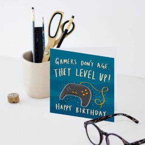 Old English Co. Gamers Don't Age They Level Up Birthday Card - Card for Video Game Players Men and Women | Brother, Daughter, Friend, Niece, Nephew | Blank Inside & Envelope Included