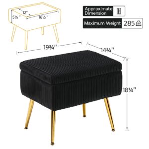 Furniliving Vanity Stool Chair with Storage, 19.75" W x 14.75" D x 18.5" H Modern Pleated Velvet Design Makeup Chair with Metal Legs, Upholstered Footrest Storage Bench for Bedroom, Khaki