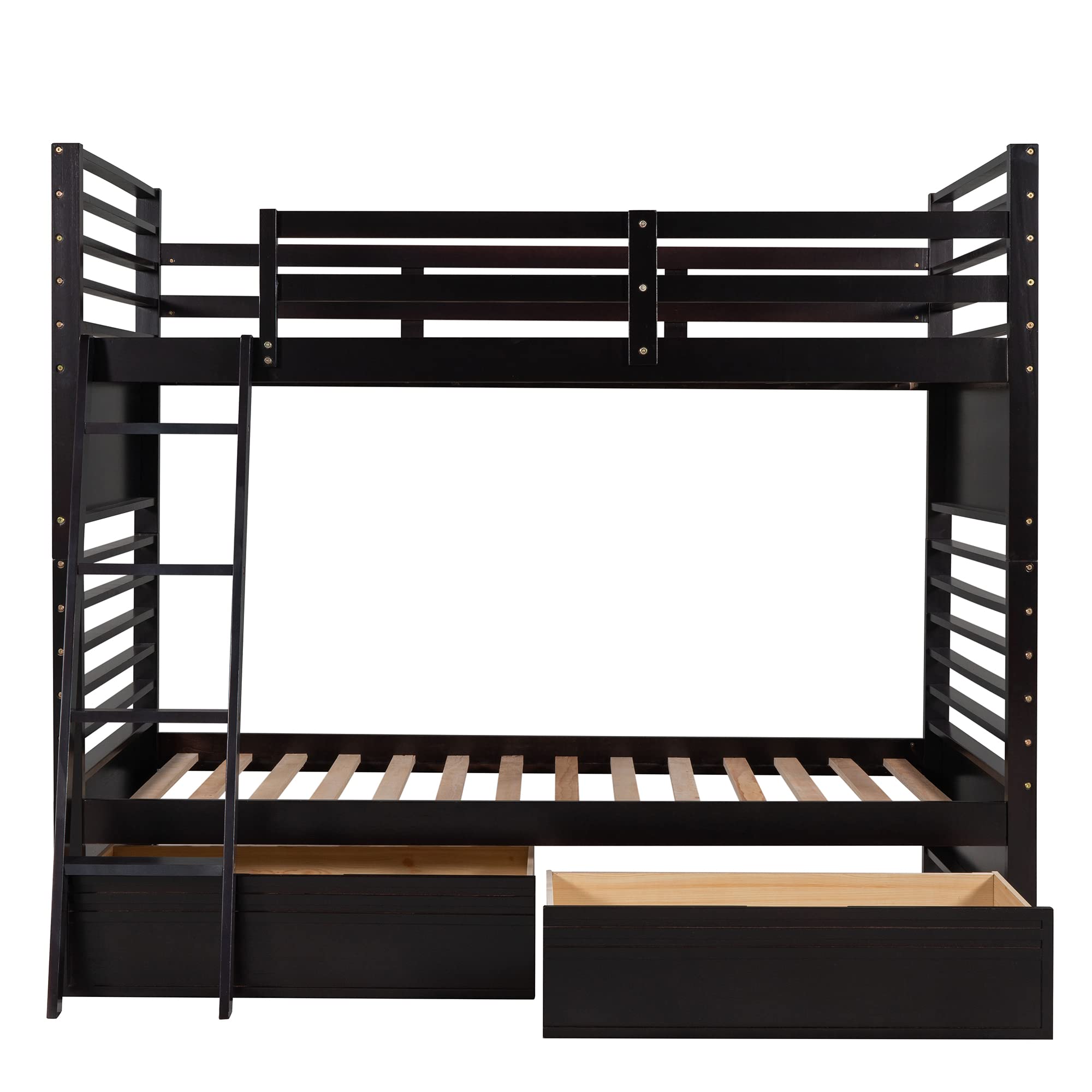 Twin over Twin Bunk Bed with Two Storage Drawers, Solid Wood Bunk Beds with Guardrails and Angle Ladders for Kids Boys Girls Teens, can be Divided into Two Individual Beds (Twin Size, Espresso)