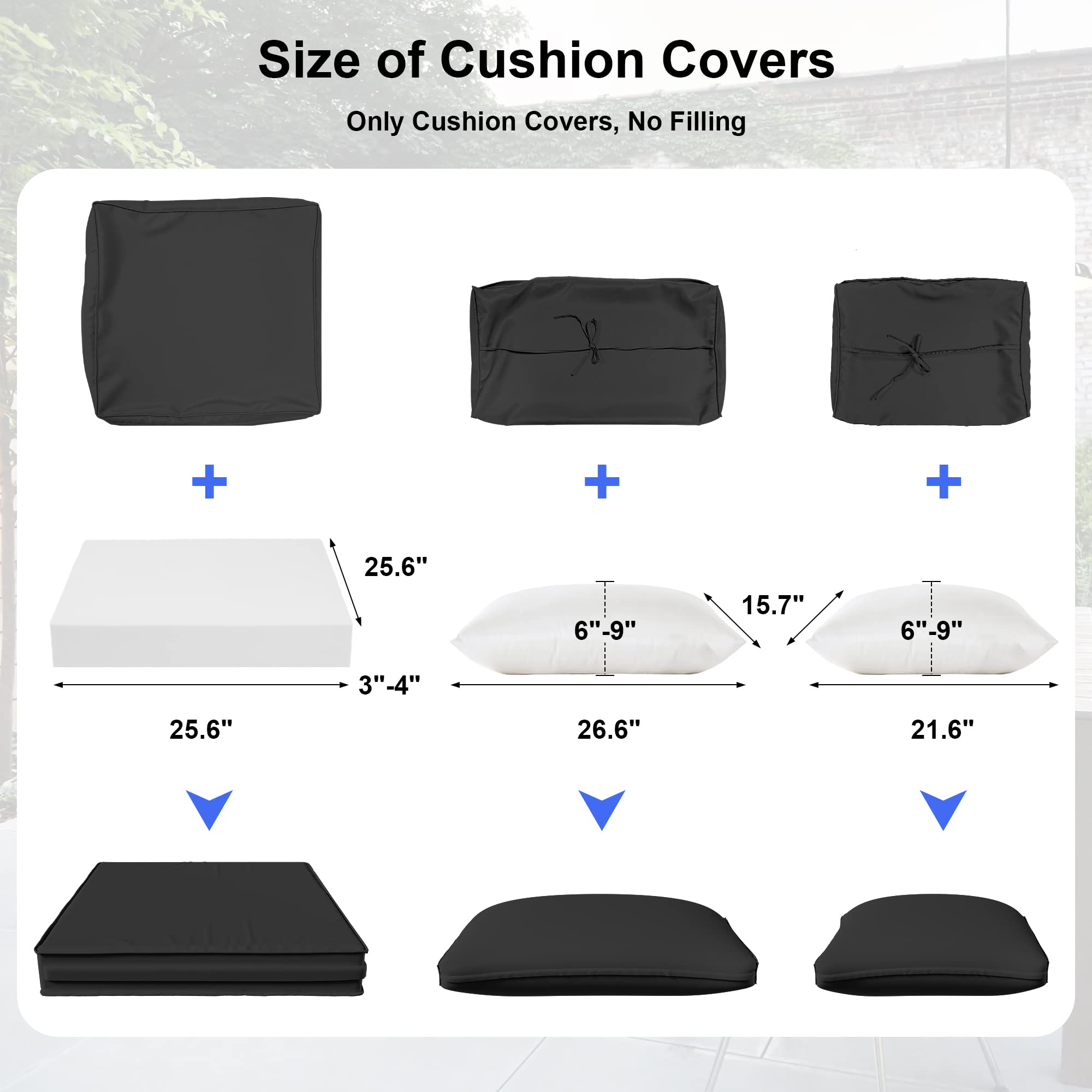 ALAULM 11 Pieces Outdoor Patio Sofa Cushion Covers Replacement for Outdoor Furniture Wicker Rattan Sofas Seat Cushions & Back Cushions with Zipper Design Durable Fadeless Polyester (Black)