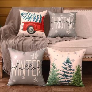 JOJOGOGO Grey Outdoor Christmas Pillow Covers 18x18 Waterproof Set of 4 Gray Winter Holiday Pillow Covers Farmhouse Christmas Decorations for Couch Porch and Outdoor Furniture