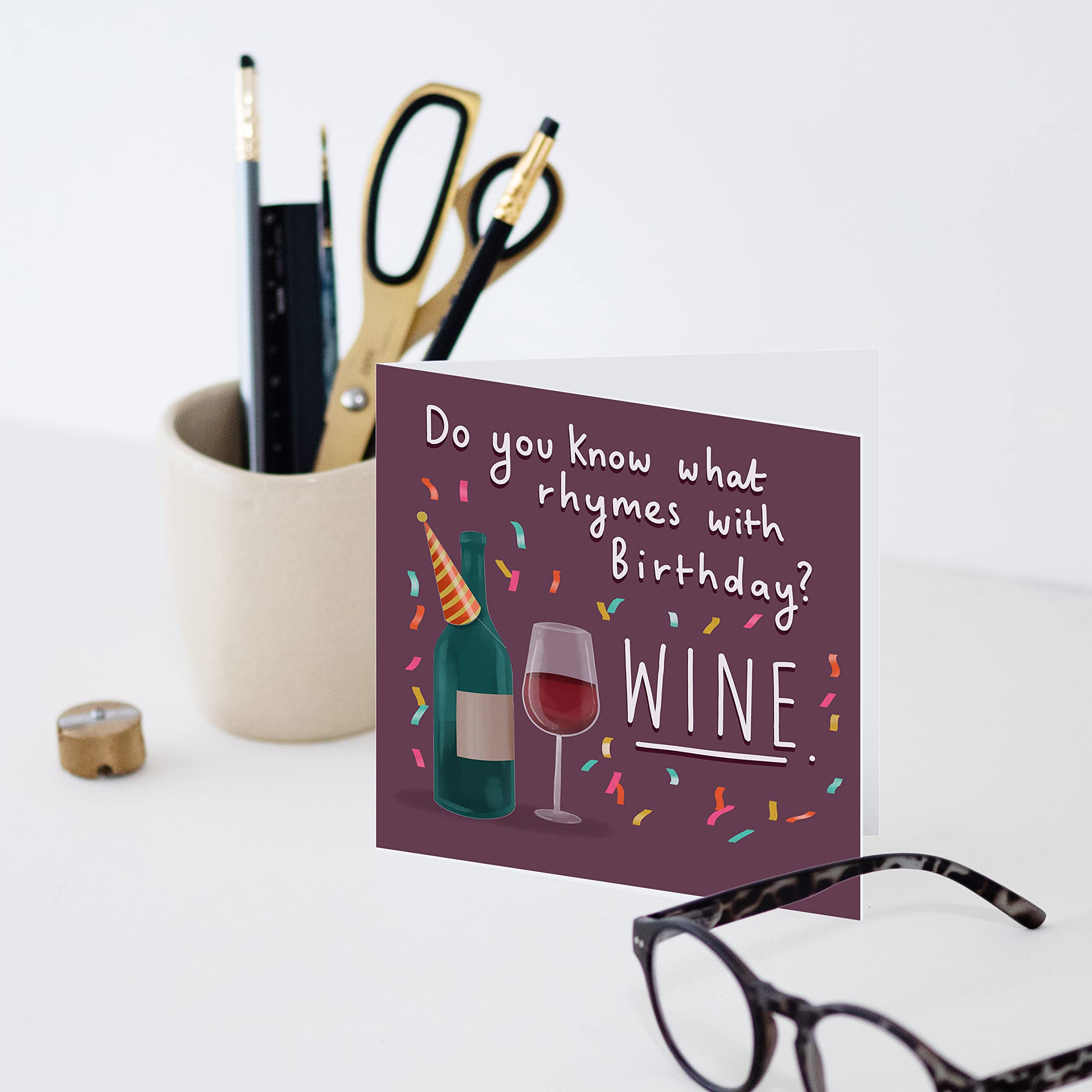 Old English Co. Rhymes with Wine Birthday Card - Funny Drink Alchohol Greeting Card for Her and Him| Birthday Wishes and Celebrations for Women and Men | Blank Inside & Envelope Included