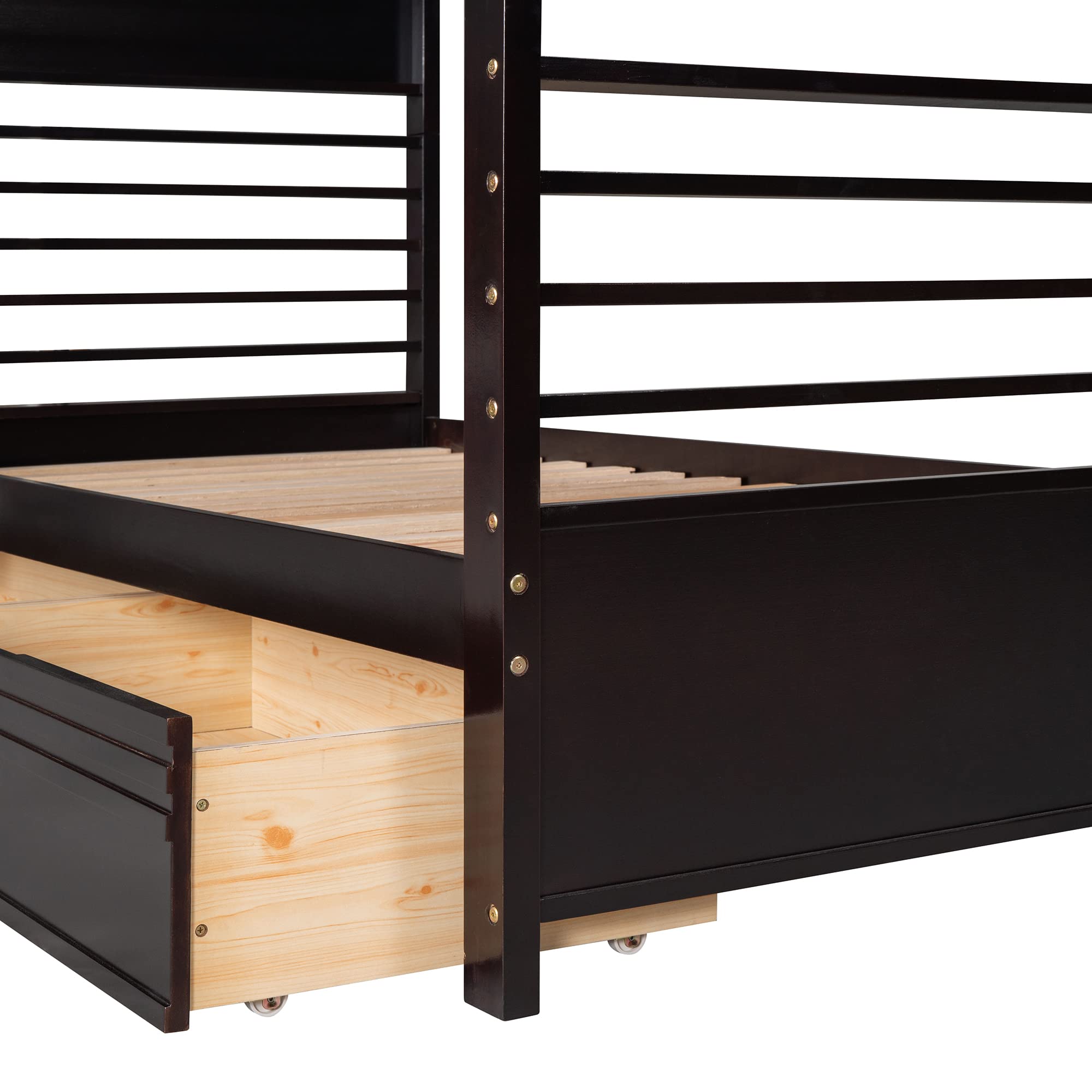 Twin over Twin Bunk Bed with Two Storage Drawers, Solid Wood Bunk Beds with Guardrails and Angle Ladders for Kids Boys Girls Teens, can be Divided into Two Individual Beds (Twin Size, Espresso)