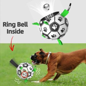 QDAN Dog Soccer Balls Toy with Bell Inside, Outdoor Interactive Dog Toys for Tug of War, Puppy Birthday Gifts, Dog Water Toy, Durable Ropes Squeaky Soccer Dog Ball for Medium and Large Dogs （8 INCH）