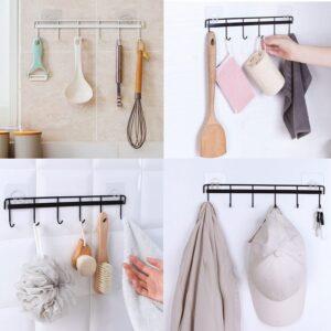 2 Pack Adhesive Wall Hooks Rack Kitchen Rail, Space Saving Heavy Duty Wall Hooks Hanger with 6 Hooks for Kitchen Bathroom Bedroom Closet, Kitchen Utensil for Hanging Knives, Spoon, Towel (Black)