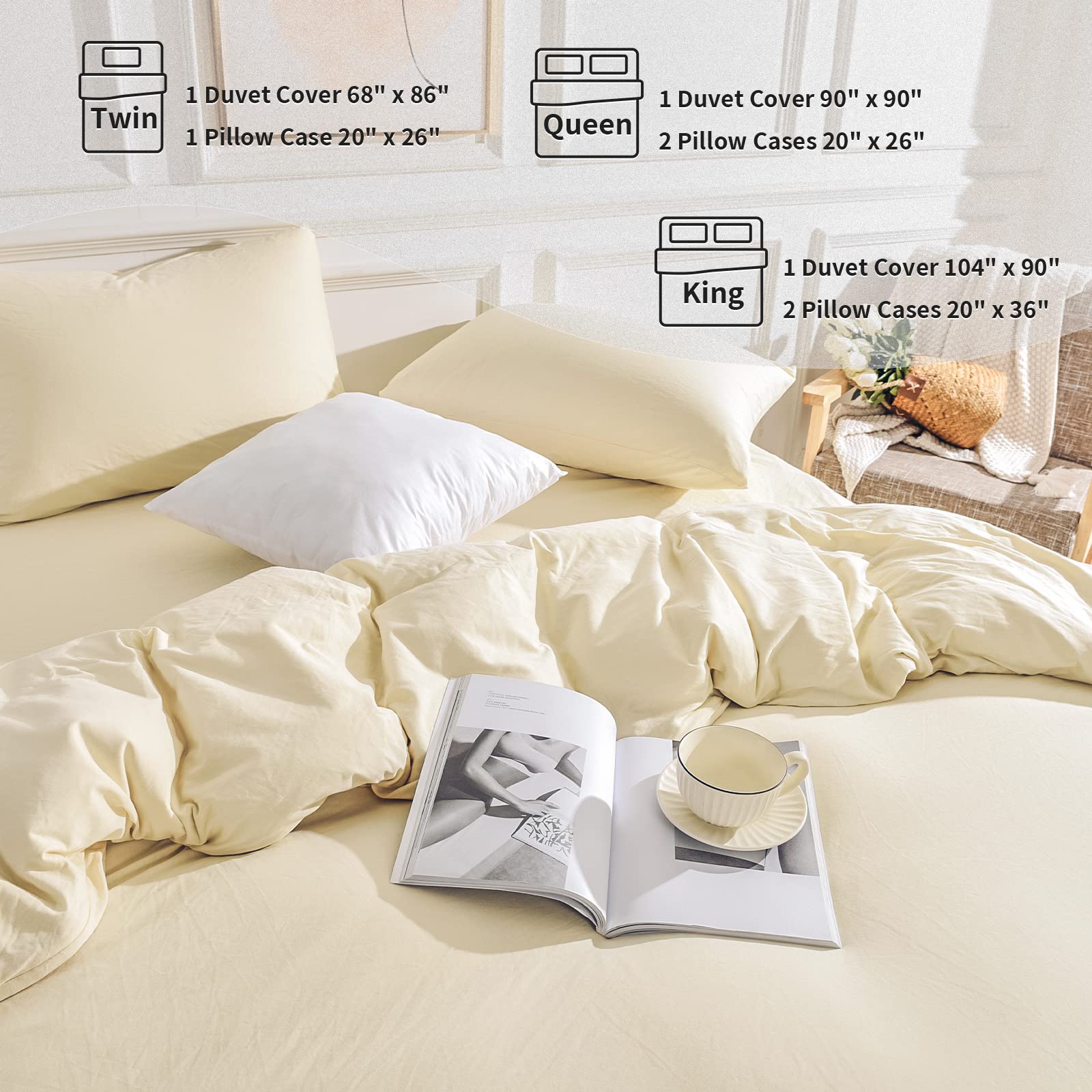 NEXHOME PRO Beige Organic Jersey Knit Cotton Duvet Cover Set - King Cream Yellow 3pcs Bedding Sets Soft Breathable T Shirt Beige Cotton Comforter Cover with Zipper Closure(No Insert Included)