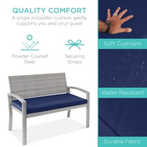 Best Choice Products Outdoor Bench 2-Person Wicker Garden Patio Benches Seating Furniture for Backyard, Porch w/Seat Cushion, 700lb Capacity - Gray/Navy