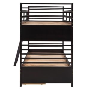 Twin over Twin Bunk Bed with Two Storage Drawers, Solid Wood Bunk Beds with Guardrails and Angle Ladders for Kids Boys Girls Teens, can be Divided into Two Individual Beds (Twin Size, Espresso)