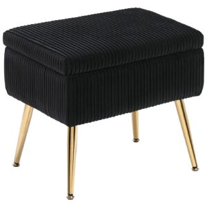 Furniliving Vanity Stool Chair with Storage, 19.75" W x 14.75" D x 18.5" H Modern Pleated Velvet Design Makeup Chair with Metal Legs, Upholstered Footrest Storage Bench for Bedroom, Khaki