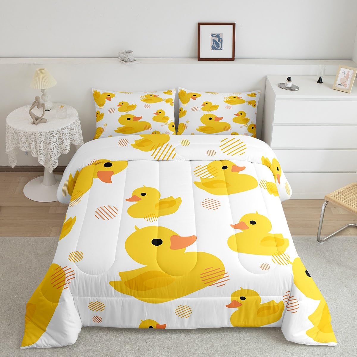 Erosebridal Cartoon Duck Comforter Set for Kids Boys Girls,Lovely Yellow Duck Bedding Set,Cute Hand Drawn Duck Duvet Insert Twin,Lovely Farmhouse Animal Quilt Comforter with 1 Pillowcase