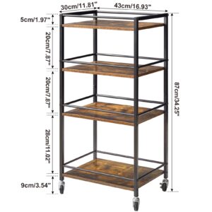 IBUYKE Industrial Bar Carts, Kitchen Storage Serving Cart, Mobile Kitchen Shelf，4 Tier Storage Cart for Bath, Kitchen, Bedroom, Living Room Rustic Brown and Black TMJ419H