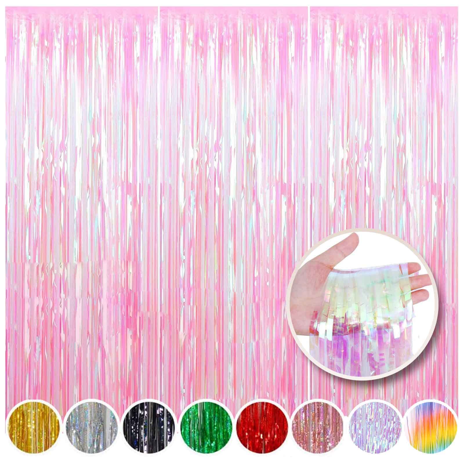 AIM & GGKK 3 Pack Neon Clear Fringe Curtains 3.28 Ft X 6.56 Ft Neon Clear Foil Backdrop Tinsel Curtains Neon Clear Metalic Door Streamer Photo Booth Wedding Graduations Birthday Event Party Supplie