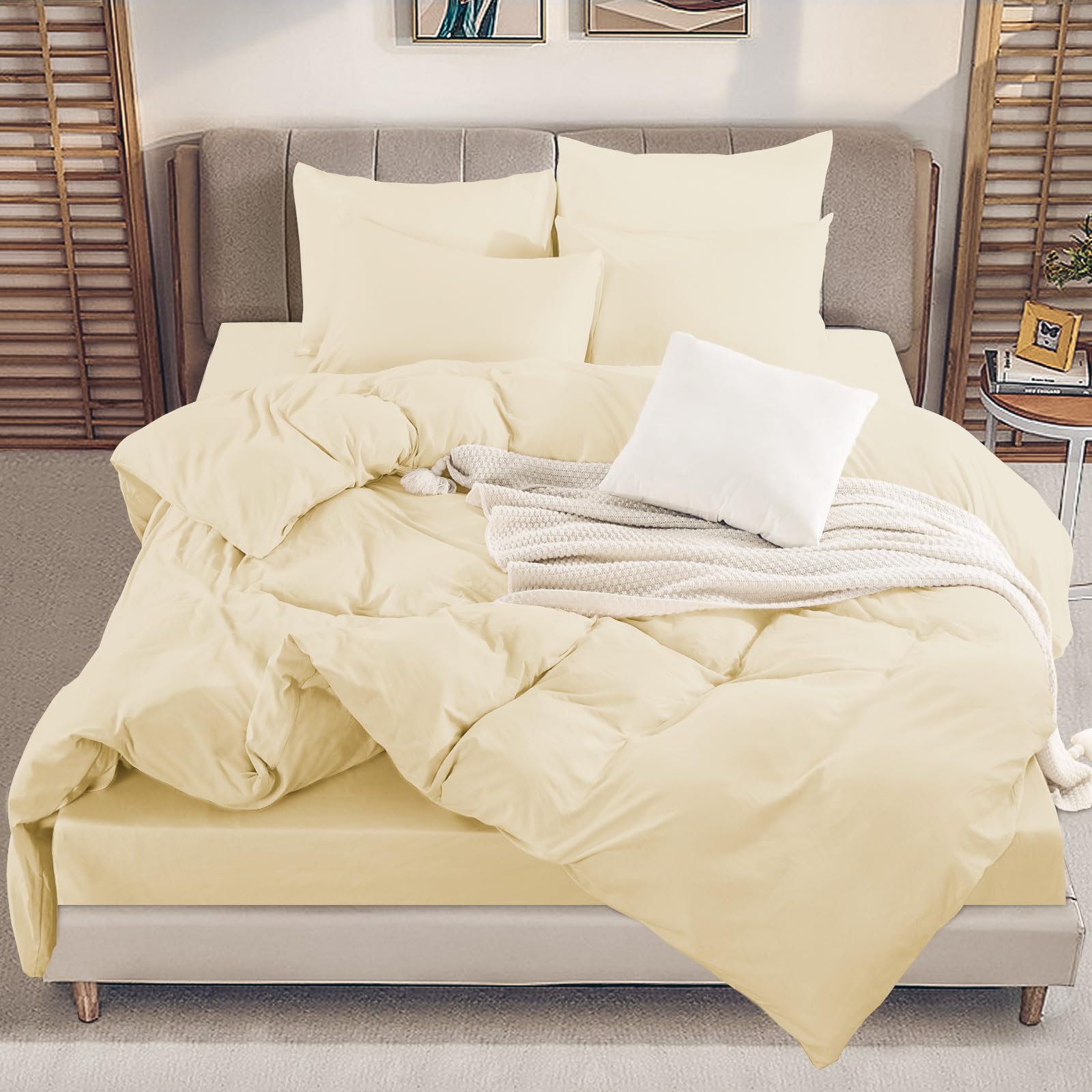 NEXHOME PRO Beige Organic Jersey Knit Cotton Duvet Cover Set - King Cream Yellow 3pcs Bedding Sets Soft Breathable T Shirt Beige Cotton Comforter Cover with Zipper Closure(No Insert Included)