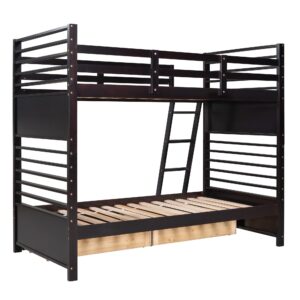 Twin over Twin Bunk Bed with Two Storage Drawers, Solid Wood Bunk Beds with Guardrails and Angle Ladders for Kids Boys Girls Teens, can be Divided into Two Individual Beds (Twin Size, Espresso)