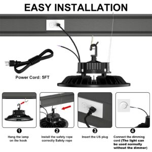 UFO LED High Bay Light 150W 0-10V Dimmable Garage Light Ceiling 5000K 21000LM IP66 Waterproof Shop Lights Super Bright Fixture with 5' Cable Plug Commercial Lighting for Factory Warehouse Workshop