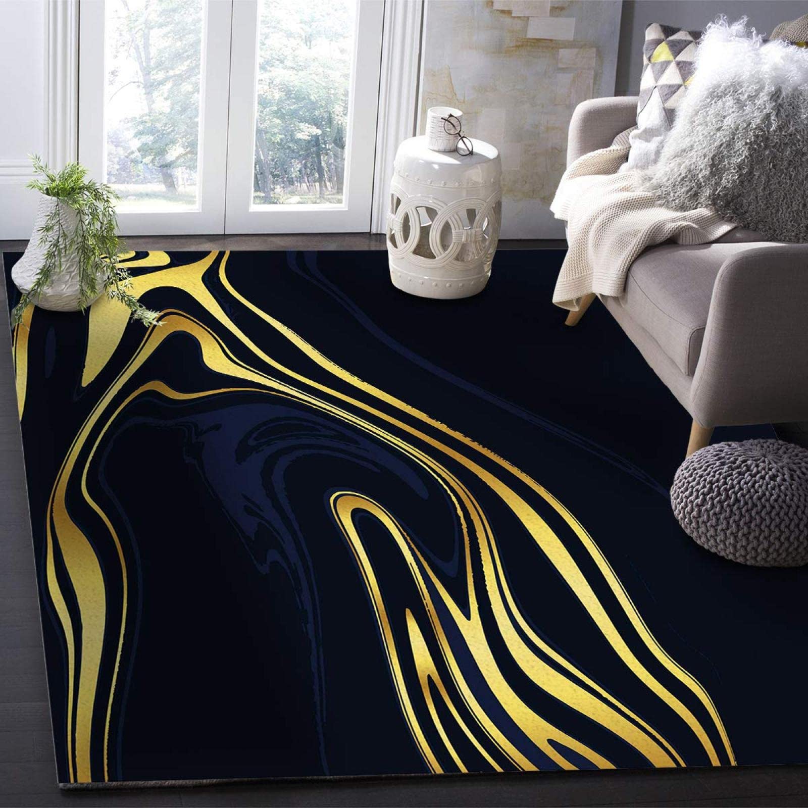 Abstract Black Gold Marble Texture Area Rugs, Flow Texture Black Gold Soft Washable Carpet, Upholstery Rug with Non-Slip Backing for Kids Boys Girls Bedroom Living Room Dining Room Study 6.6ftx5.3ft