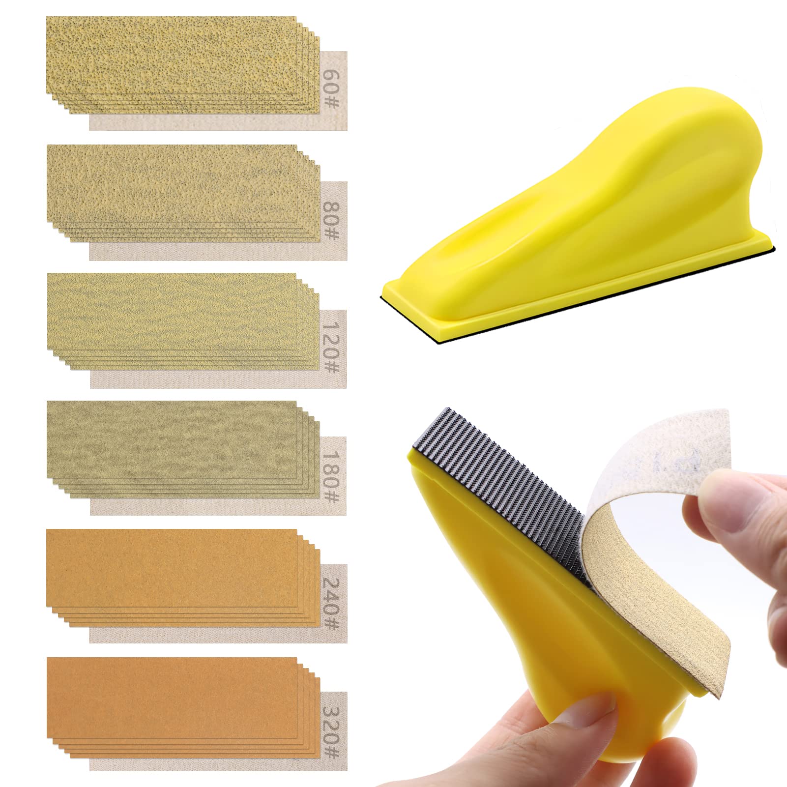 ZEHIQ 61 Pieces Detail Sanding Refill 3.5 x 1 inch, Micro Sander Kit for Small Projects Hook and Loop Aluminum Oxide Gold Sandpaper Assorted 60 to 320 Grits for DIY Crafts Wood Metal Polishing