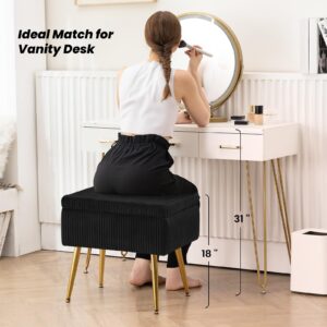 Furniliving Vanity Stool Chair with Storage, 19.75" W x 14.75" D x 18.5" H Modern Pleated Velvet Design Makeup Chair with Metal Legs, Upholstered Footrest Storage Bench for Bedroom, Khaki