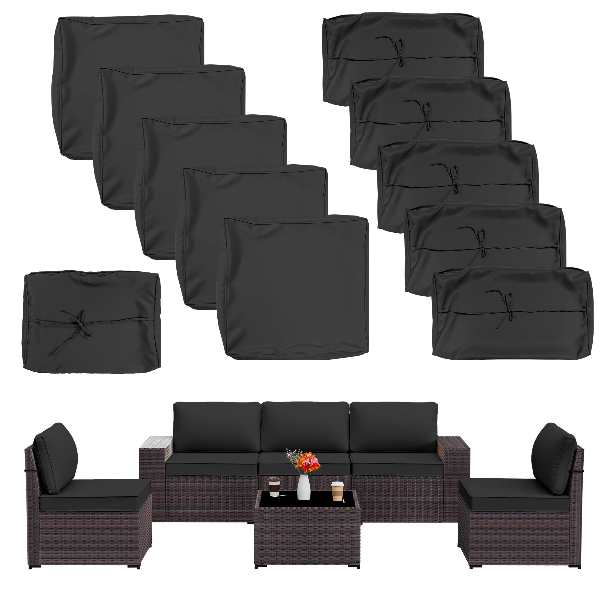 ALAULM 11 Pieces Outdoor Patio Sofa Cushion Covers Replacement for Outdoor Furniture Wicker Rattan Sofas Seat Cushions & Back Cushions with Zipper Design Durable Fadeless Polyester (Black)