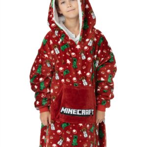 Minecraft Christmas Xmas Vuddie Oversized Blanket Hoodie Kids Boys Girls Red Fleece