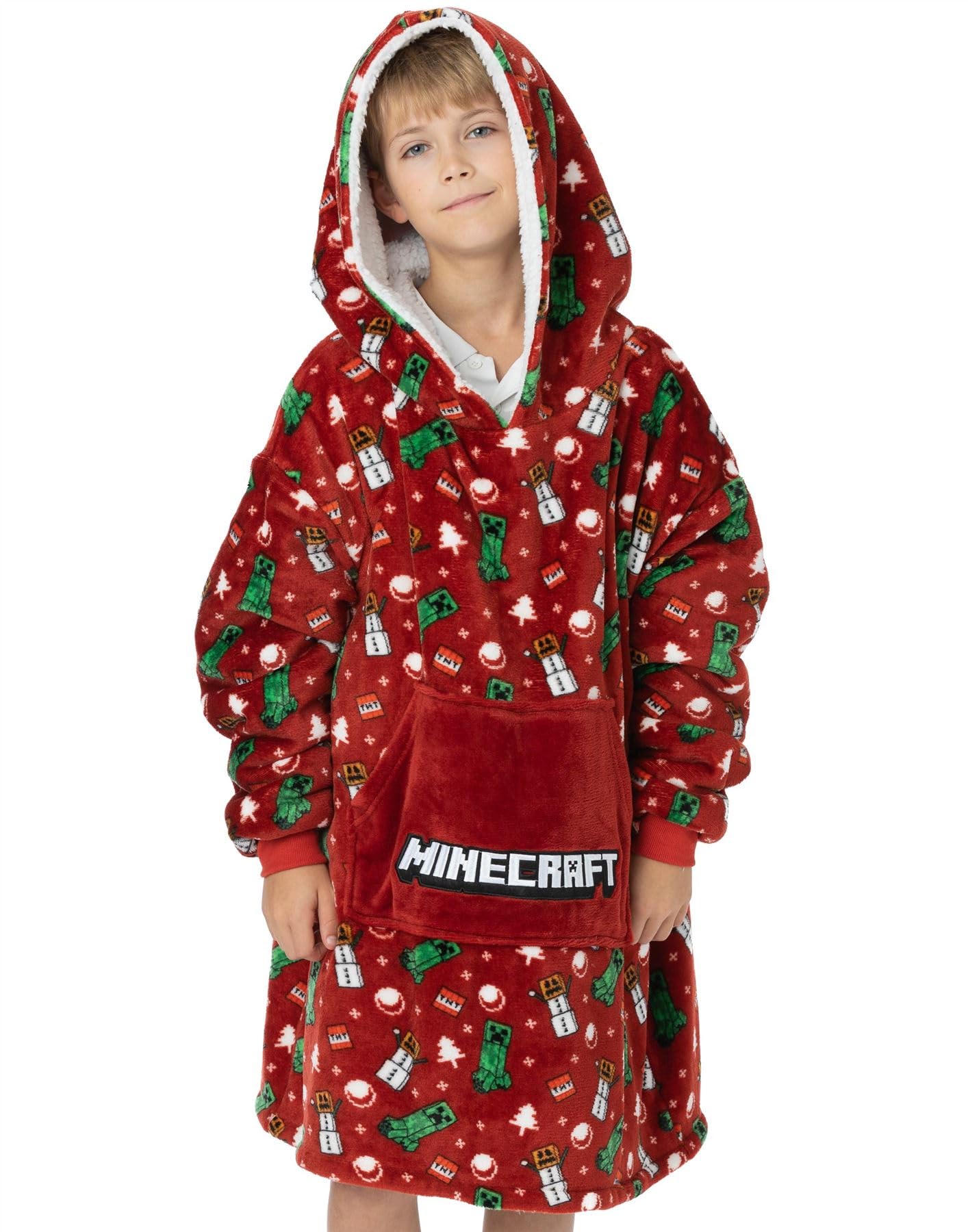 Minecraft Christmas Xmas Vuddie Oversized Blanket Hoodie Kids Boys Girls Red Fleece