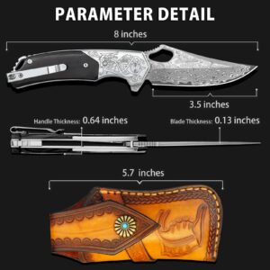 NedFoss Damascus Pocket Knives for Men, Handmade Forged VG10 Damascus Steel Folding Knife with Leather Sheath, Sandalwood Handle, Pocket Clip, Cool Knives Gifts for Men EDC (PTEROSAUR