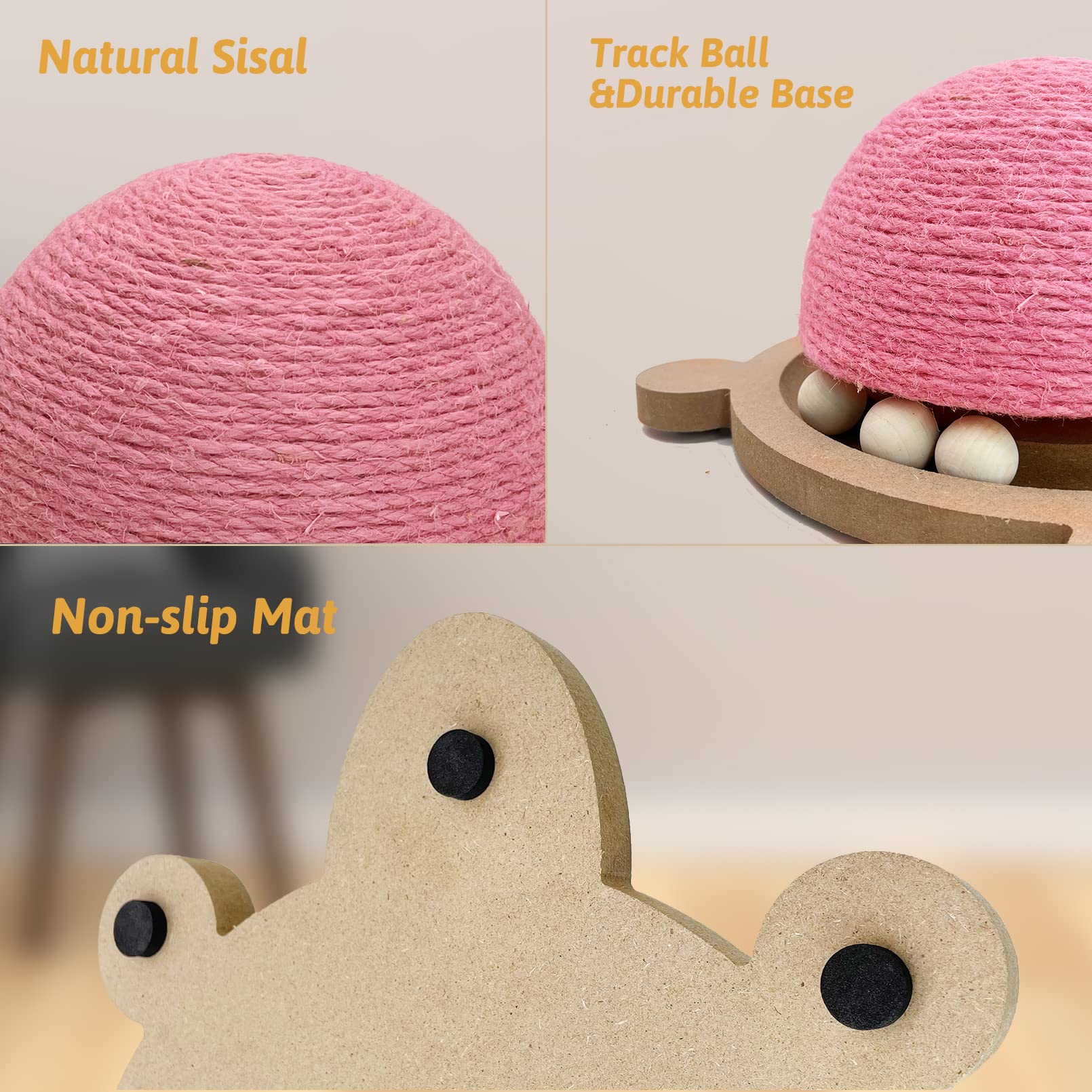 Fhiny Cats Scratching Ball, Natural Sisal Scratching Toy with Roller Track Toys and Wooden Base Kitten Turtle Shape Scratch Post for Indoor Cats Interactive Training Exercise Scratcher for Small Pets