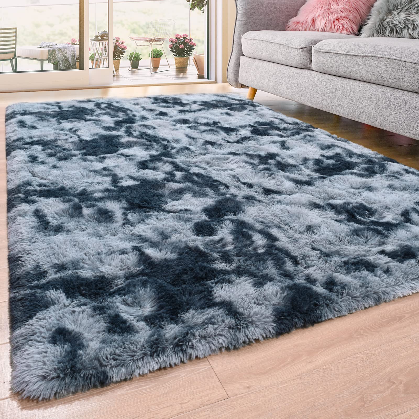 QXKAKA Soft Fluffy 4x6 Rug for Bedroom Living Room, Large Throw Rugs Fuzzy Shag Area Rug for Boys Kids Room, Non-Slip Tie Dye Carpet, Plush Modern Home Decor, Blue Grey