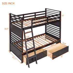 Twin over Twin Bunk Bed with Two Storage Drawers, Solid Wood Bunk Beds with Guardrails and Angle Ladders for Kids Boys Girls Teens, can be Divided into Two Individual Beds (Twin Size, Espresso)