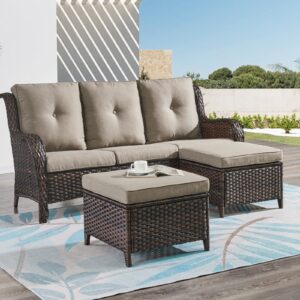 hummuh 3 piece patio furniture set all weather wicker outdoor sectional sofa manual weaving rattan high curved back patio couch with ottomans