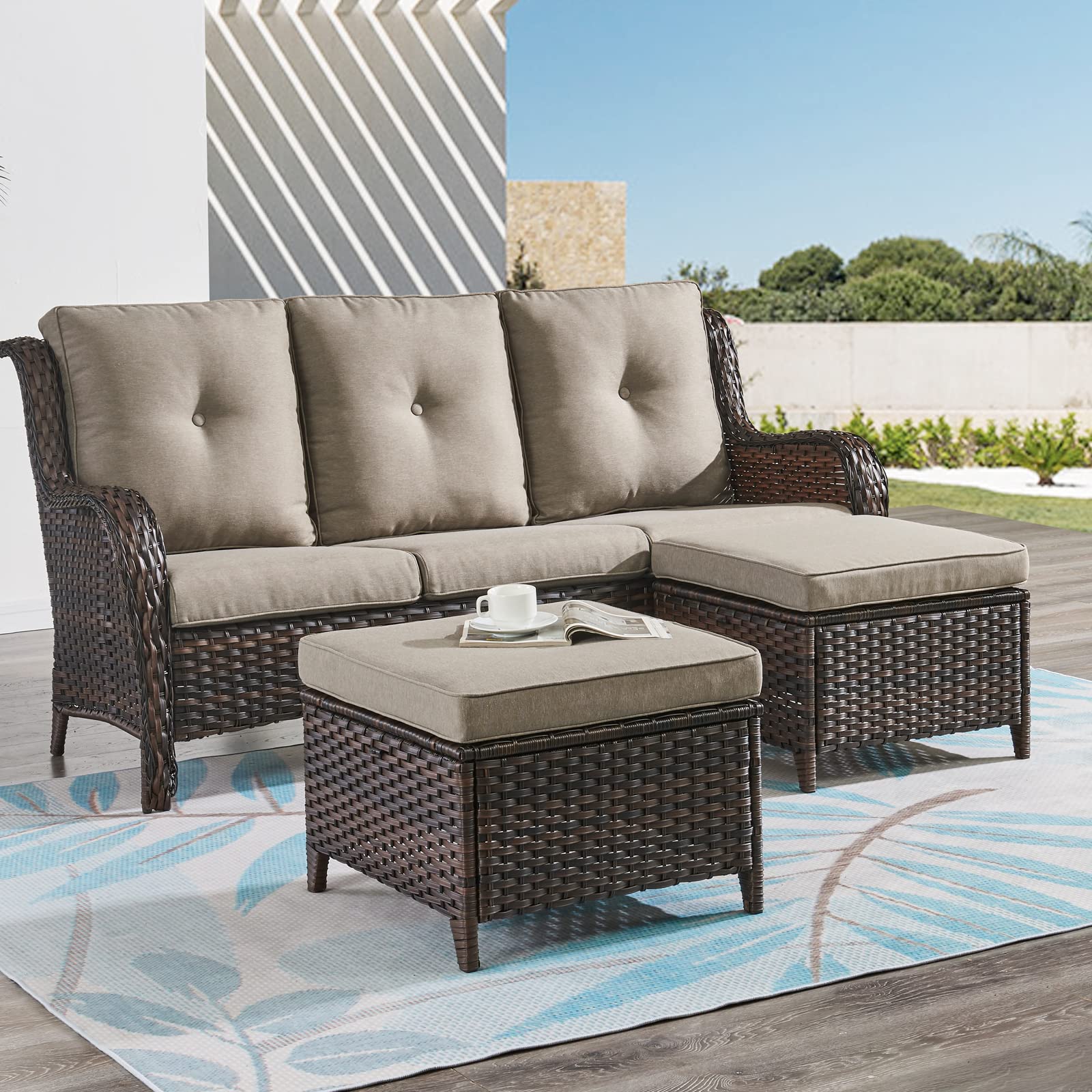 HUMMUH 3 Piece Patio Furniture Set All Weather Wicker Outdoor Sectional Sofa Manual Weaving Rattan High Curved Back Patio Couch with Ottomans