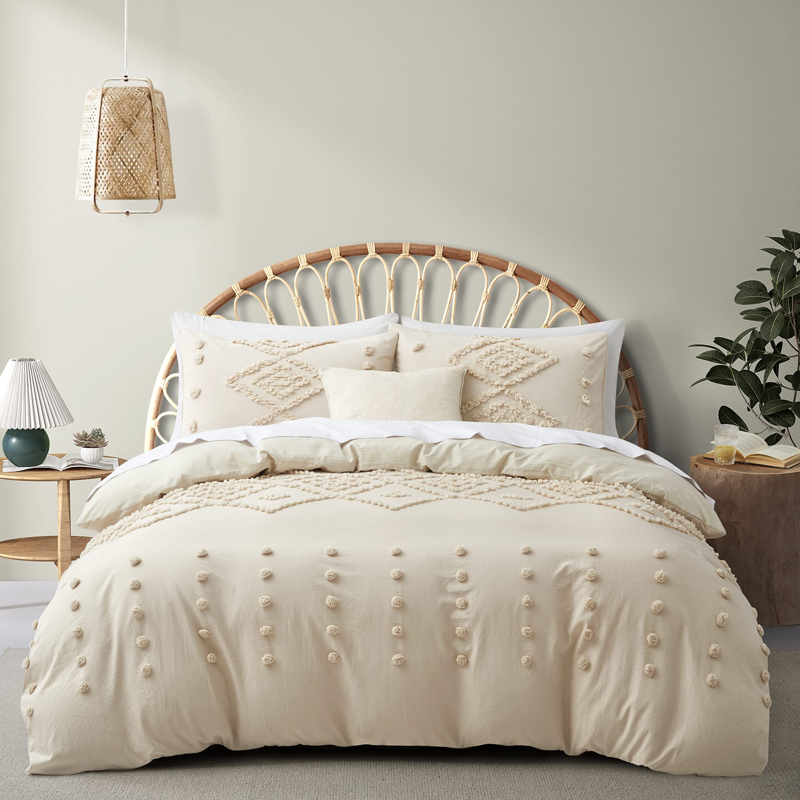 Oli Anderson Duvet Cover Queen Size, 3 Pieces Boho Tufted Bedding Set for All Seasons, Soft and Embroidery Shabby Chic Duvet Covers Set with Zipper Closure (Beige, Queen, 90"x 90")